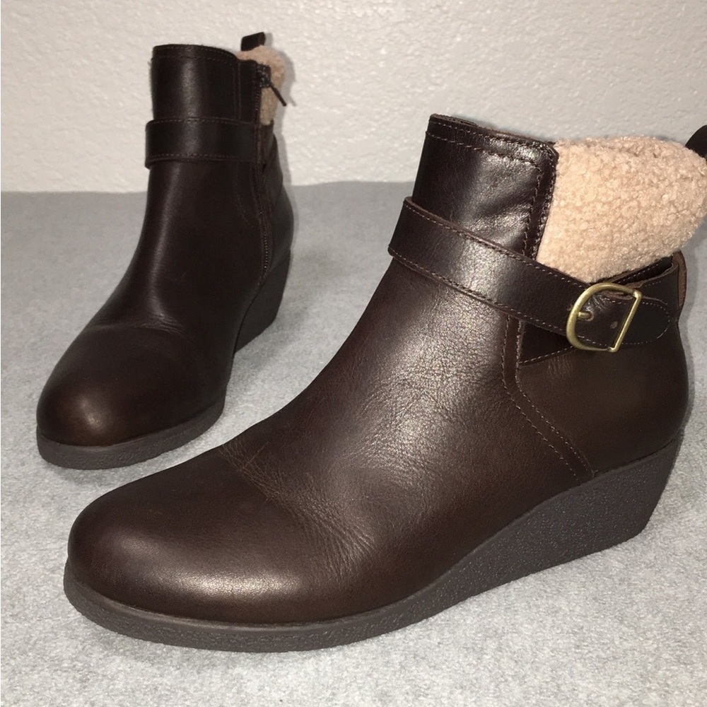 Lands End Leather Ankle Boots Size 10 Memory Tech Comfort Wedge Heels Brown